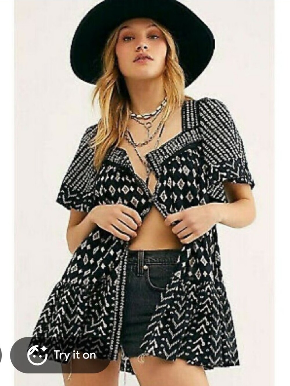 Free People Hearts Desire Navy and White Printed Peasant Tunic S